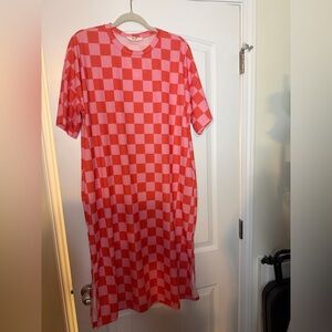 Orange and Pink Checkered T-Shirt Dress